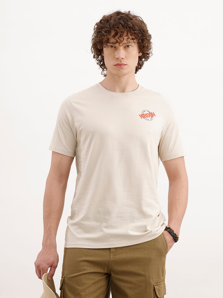 Slim Fit Placement Printed T-Shirt  | Beige