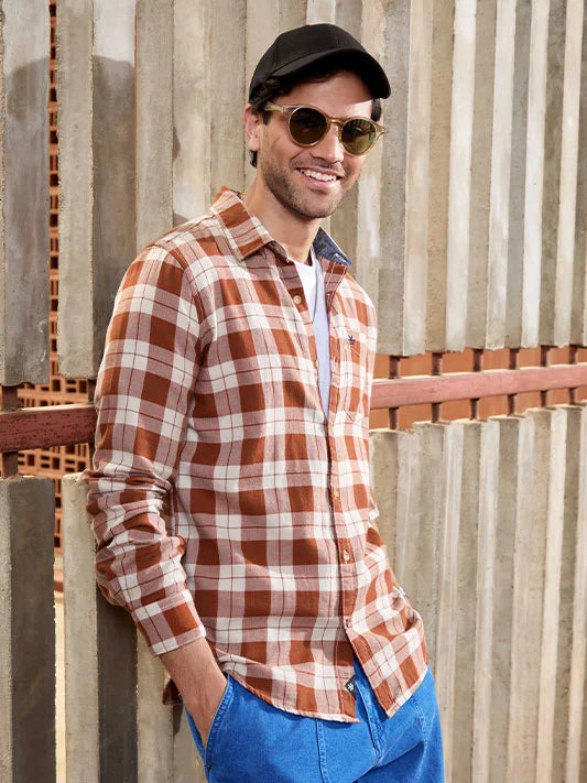 Checked Herringbone Slim Fit Shirt | Brown