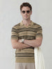 Striped Knitted Johnny Collar Polo Tee | Beige