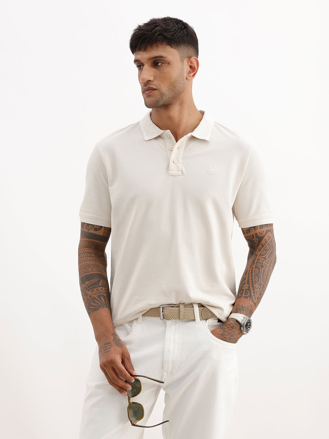 Solid Jacquard Collar Polo T-Shirt | Beige