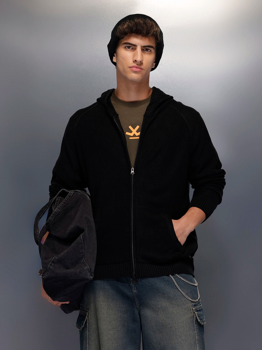 Solid Oversized Hooded Sweater   |  Black