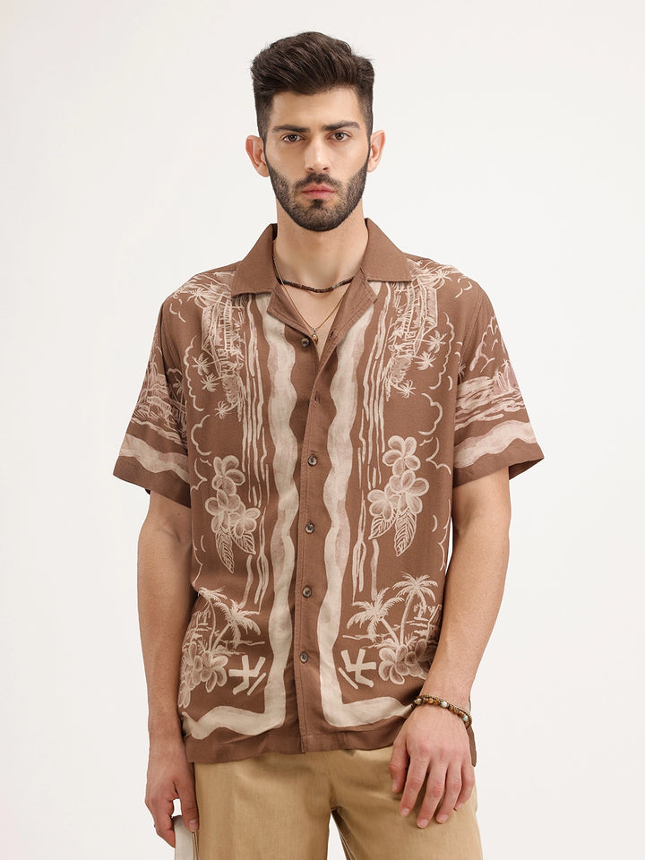 Resort Collar Slim Fit Printed Shirt | Brown