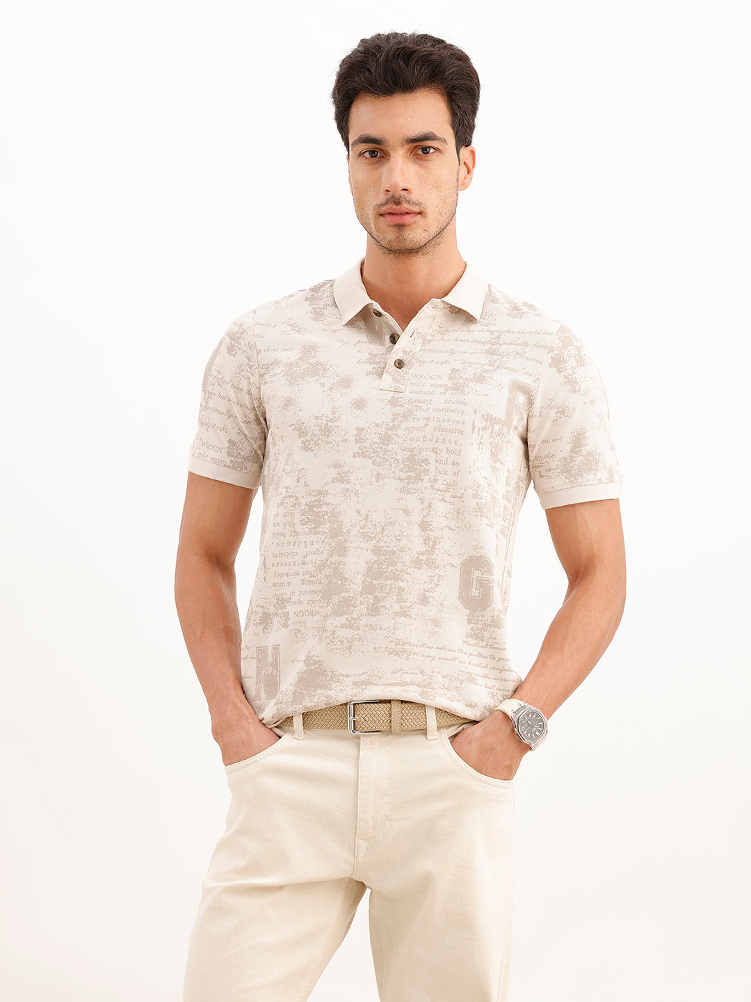 Abstract Printed Slim Fit Polo T-Shirt | Beige
