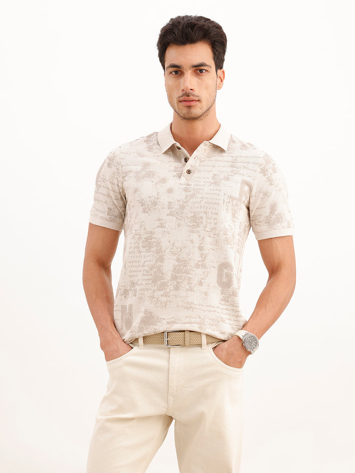 Abstract Printed Slim Fit Polo T-Shirt | Beige