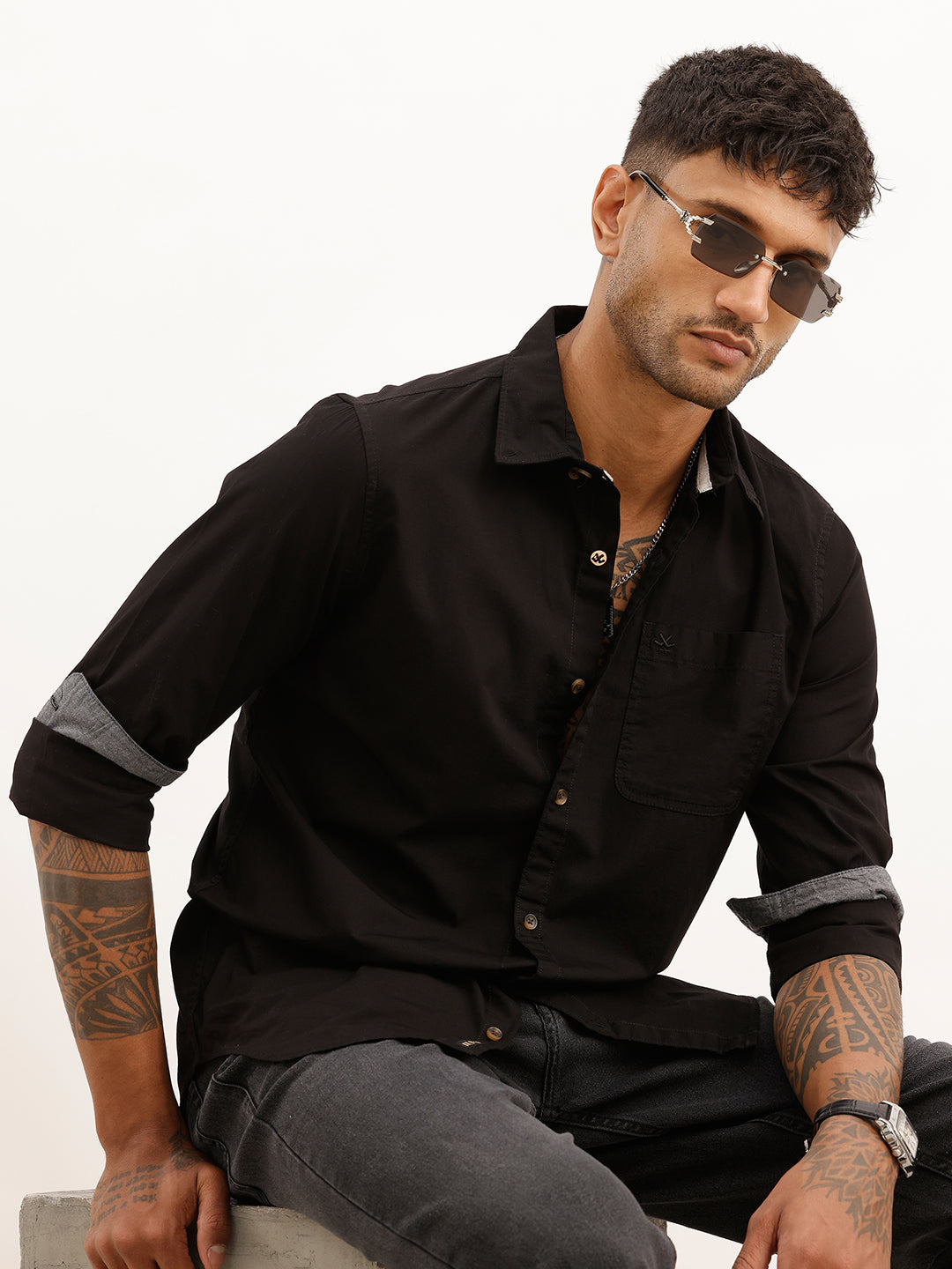 Solid Regular Fit Full Sleeve Shirt | Black | WNSH0502