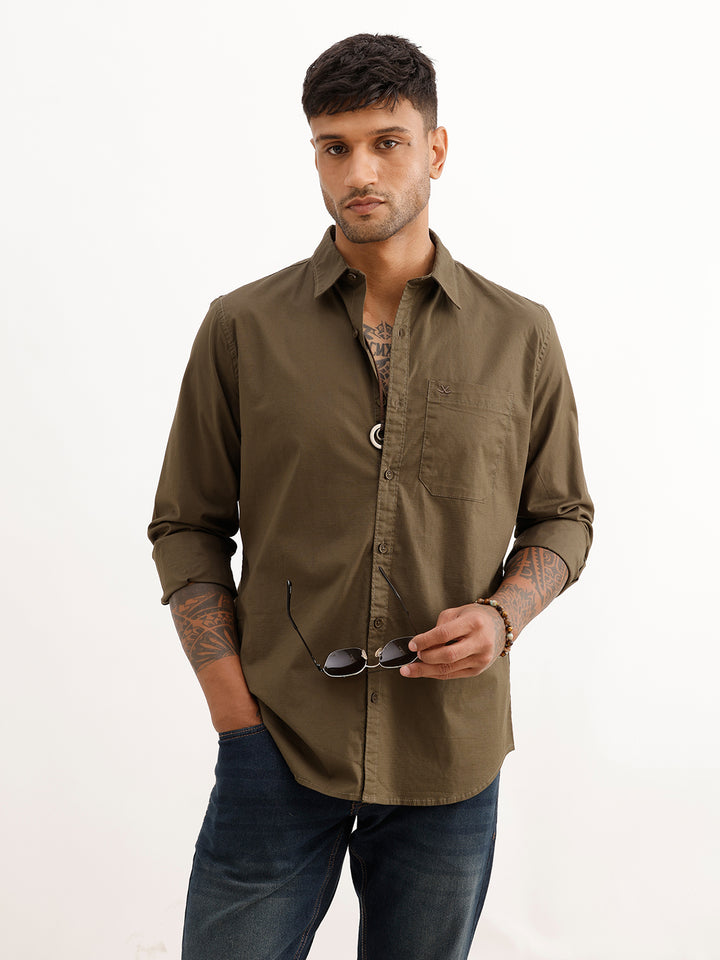 Solid Slim Fit Full Sleeve Shirt | Olive