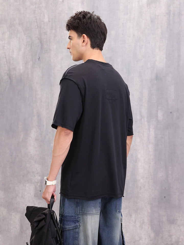 Casual Oversized Fit T-shirt With Raw Edge And Flatlock Detail | Black