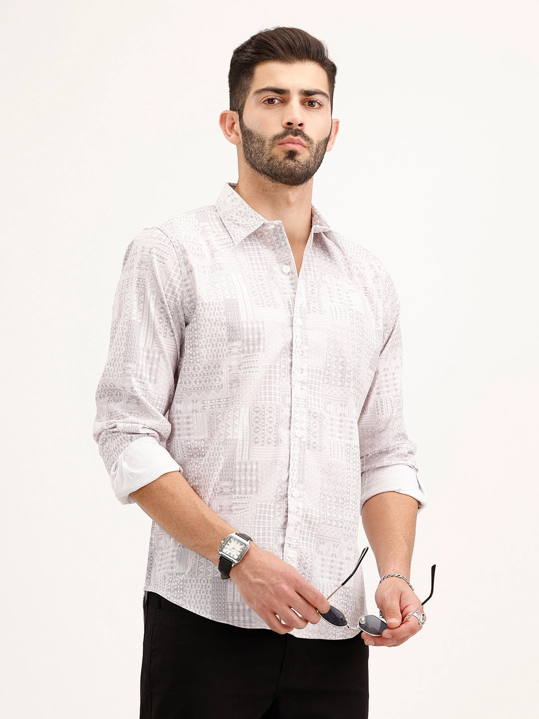 Textured Regular Fit AOP Shirt | Grey