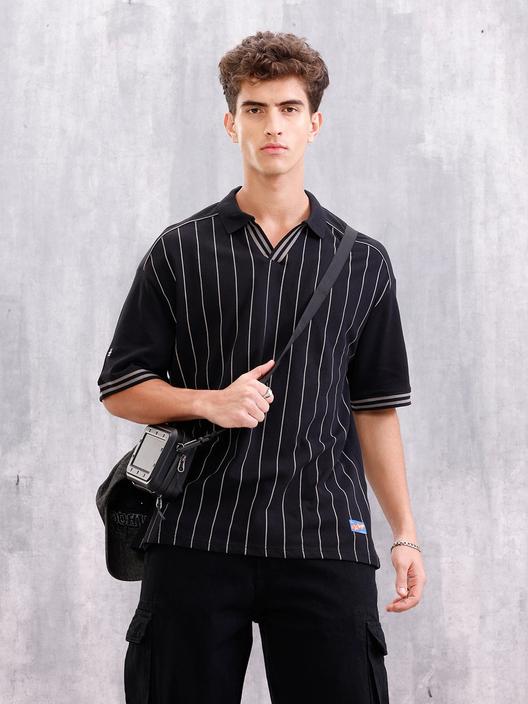 Club-Inspired Retro Johnny Collar Striped T-Shirt | Black