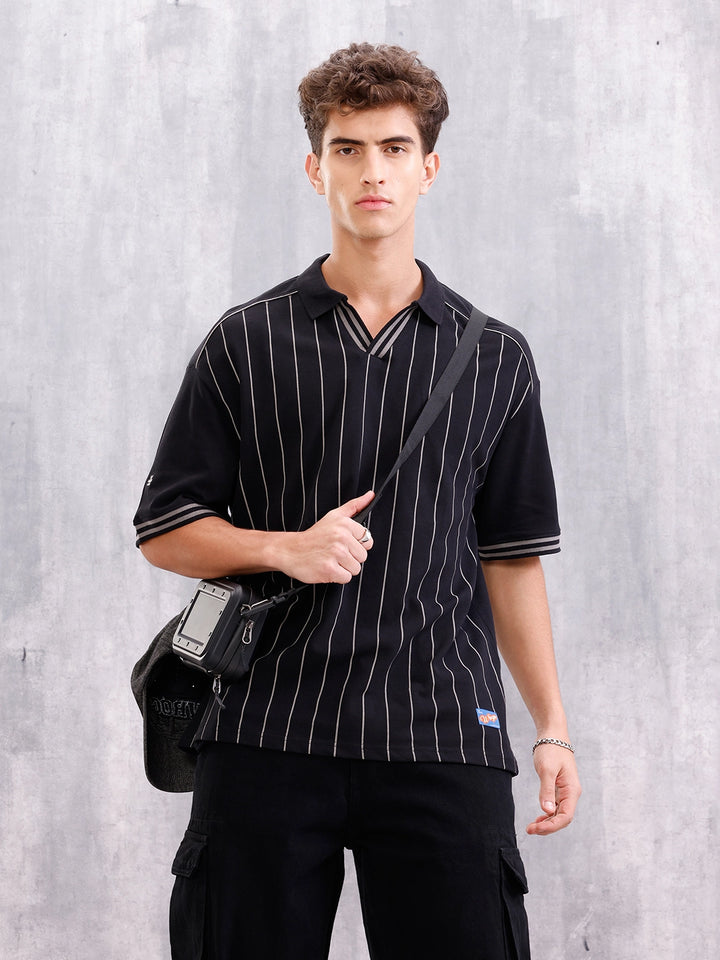 Club-Inspired Retro Johnny Collar Striped T-Shirt | Black