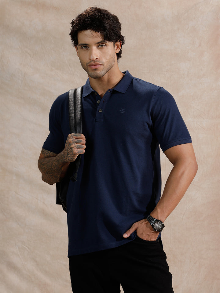Solid Slim Fit Polo T-Shirt  | Navy Blue