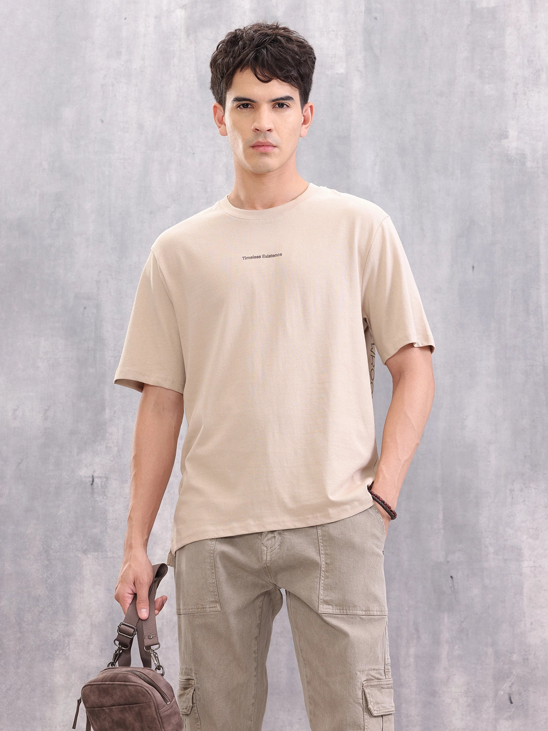 Casual Comfort Fit T-shirt With Typo Print And High Low Bottom Hem | Beige