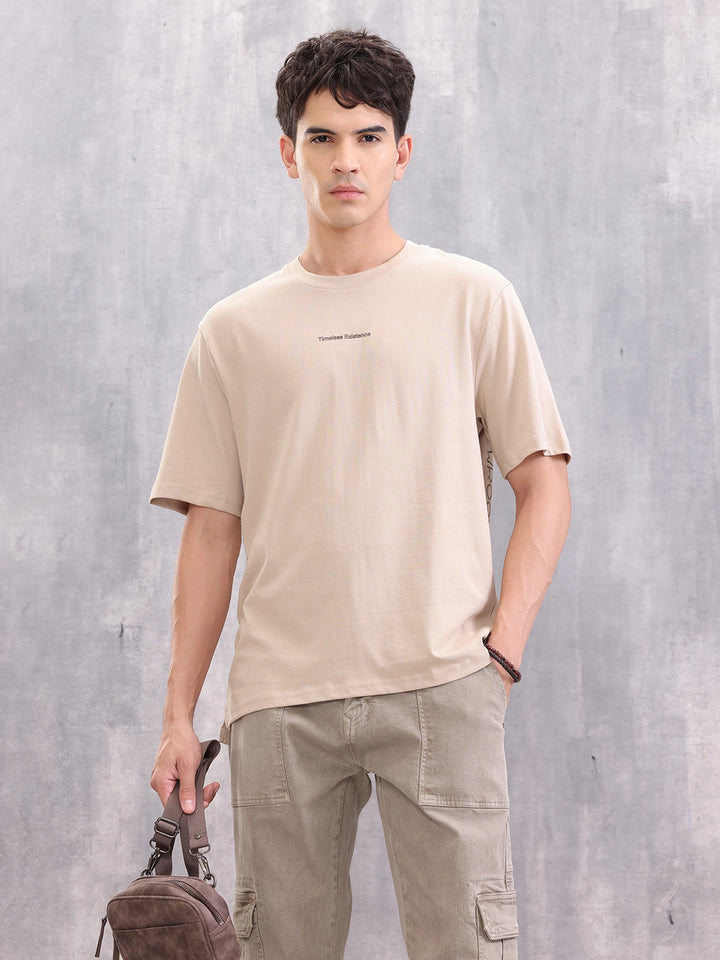 Casual Comfort Fit T-shirt With Typo Print And High Low Bottom Hem | Beige