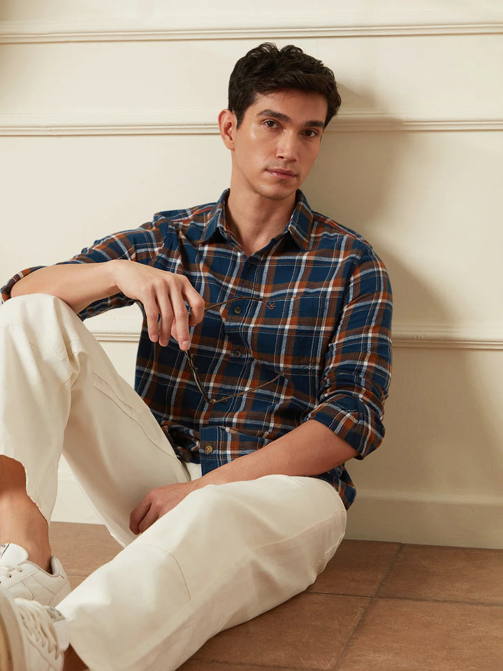 Brushed Flannel Check Shirt | Navy Blue