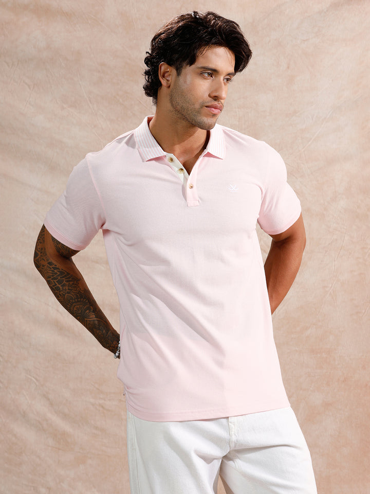 Striped Collar Slim Fit Polo T-Shirt | Light Pink