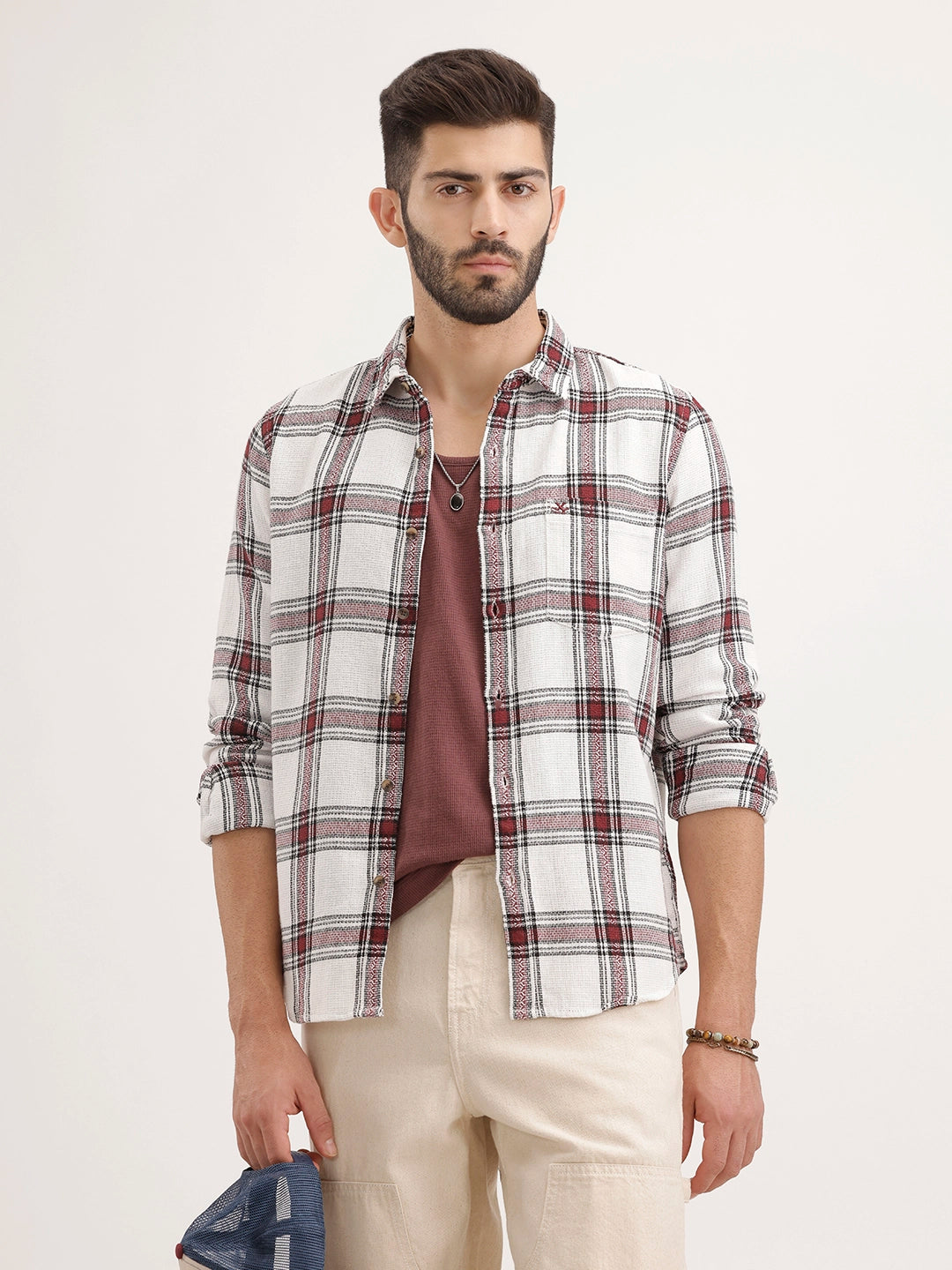 Textured Regular Fit Checkered Shirt | Maroon
