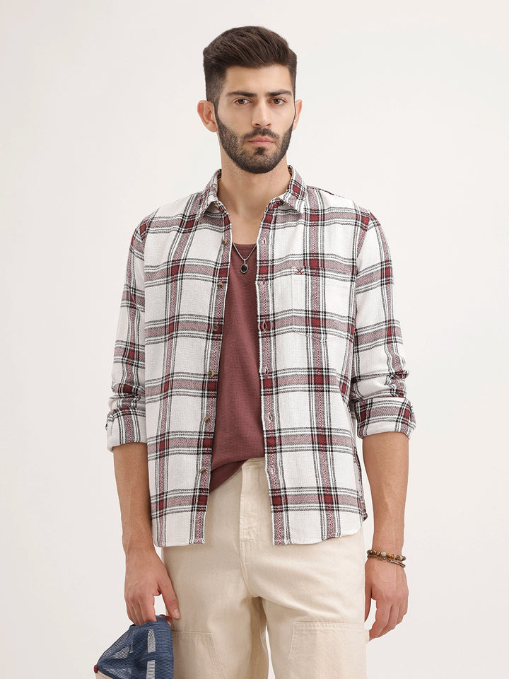 Textured Regular Fit Checkered Shirt | Maroon