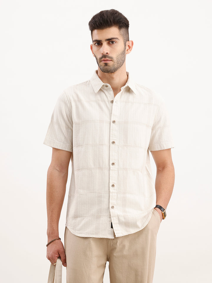 Textured Slim Fit Half Sleeved Shirt | Off White