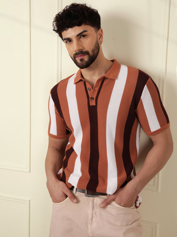 Flat Knit Striped Polo | Rust