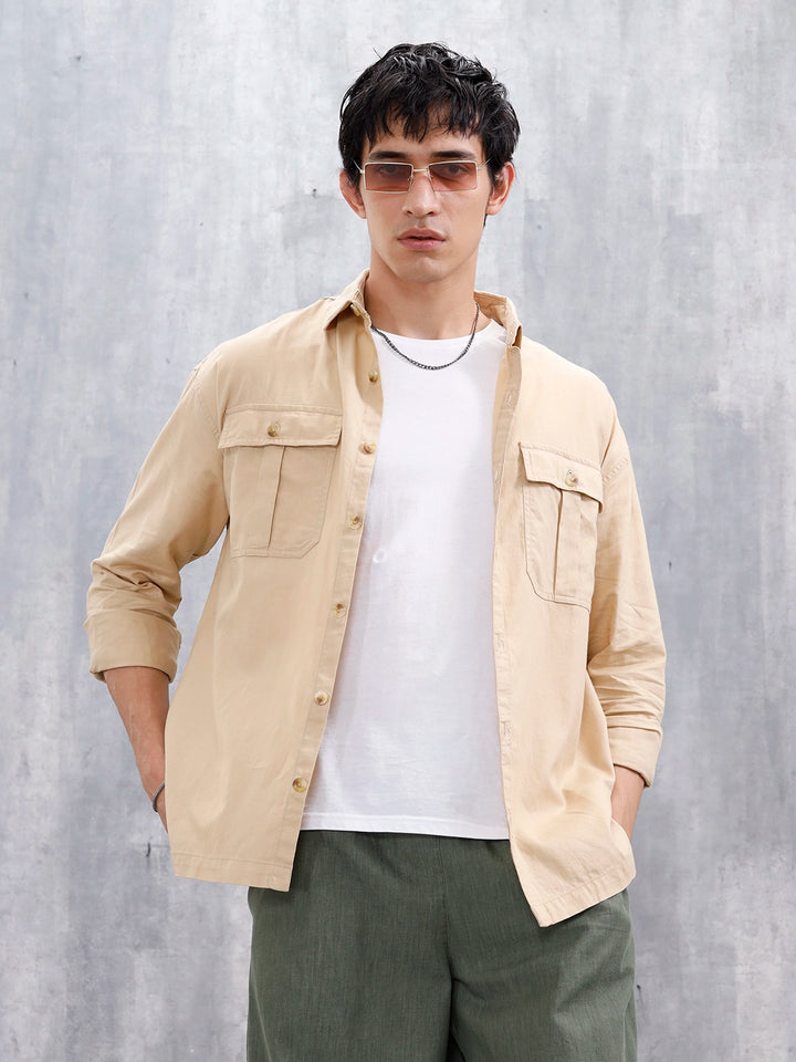 Oversized Fit Solid Shirt With Double Flap Pockets | Beige