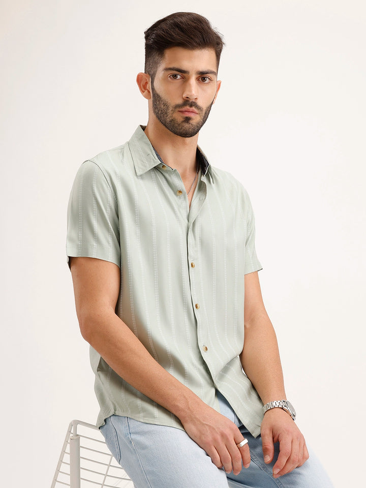 Slim Fit Striped Half Sleeve Shirt | Green