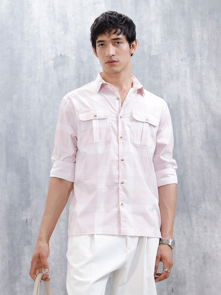 Men's Casual Double Pocket Checkered Shirt  | Pink