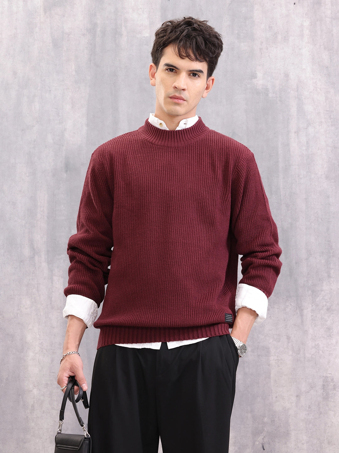 Structured Round Neck Comfort Fit Pullover | Wine