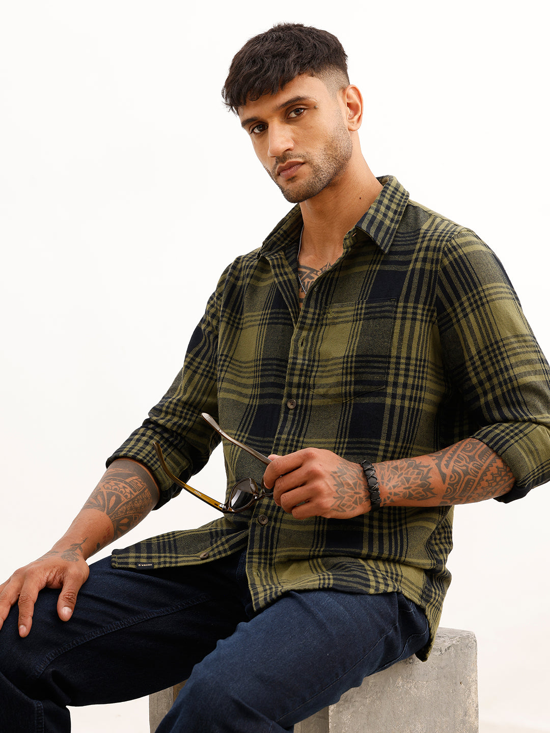 Classic Slim Fit Checkered Shirt | Olive