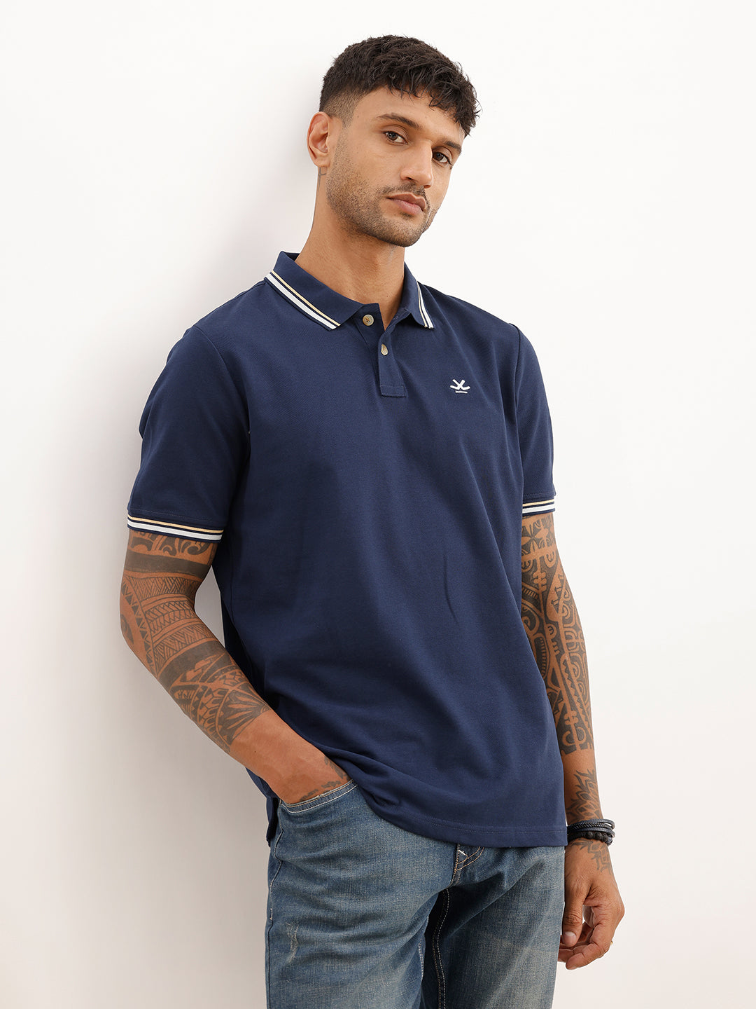Classic Slim Fit Tipping Collar Polo T-Shirt | Navy Blue | WPT01HSSL1288M