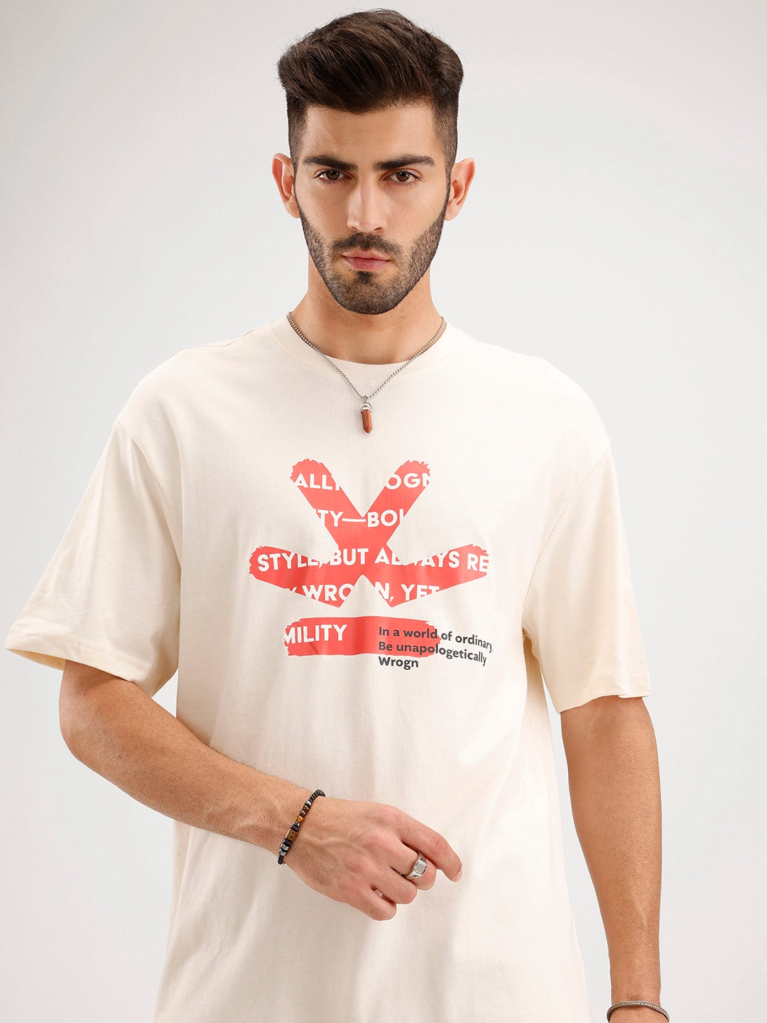 Oversized Fit Placemet Printed T-Shirt | Beige