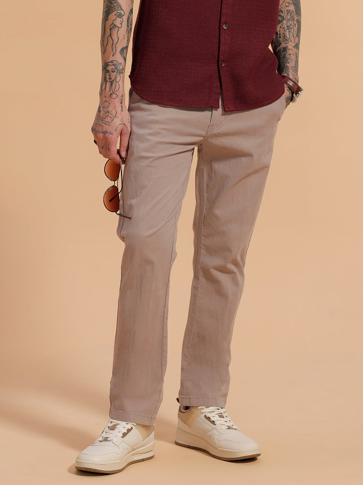 Cotton Blend Chino Trouser | Beige