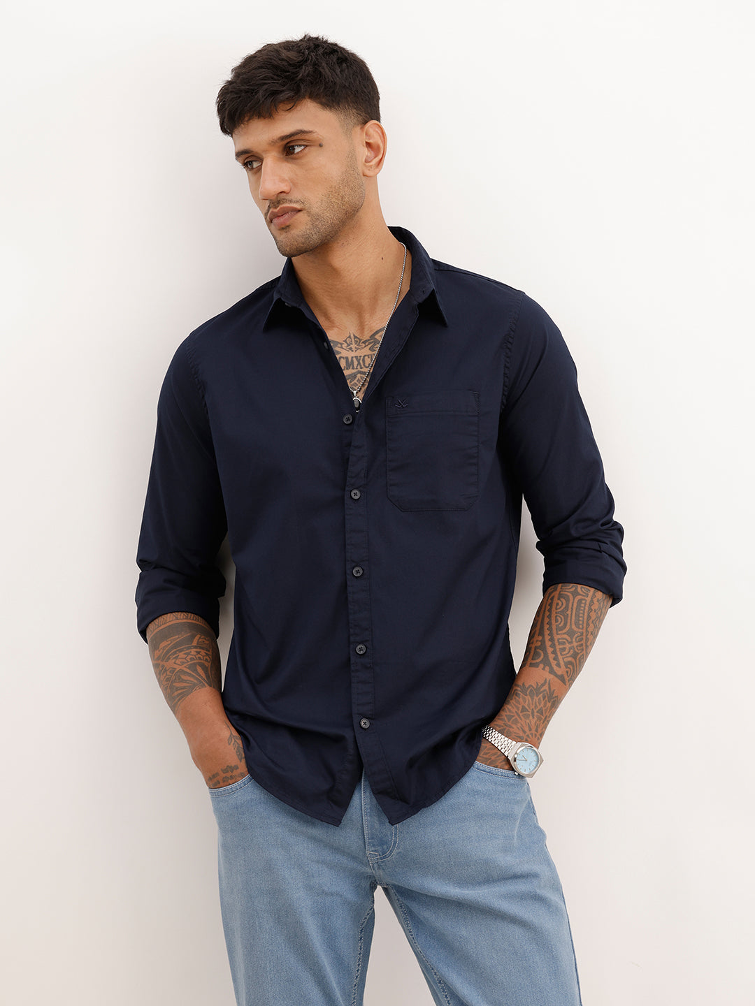 Solid Regular Fit Full Sleeve Shirt | Navy Blue | WWSH0842MAZ