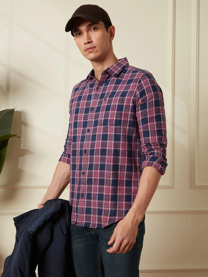 Textured Checks Slim Fit Shirt | Red