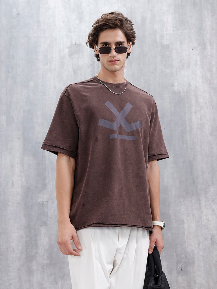 Wrogn Logo Raw-Edged Washed Tee | Dark Brown