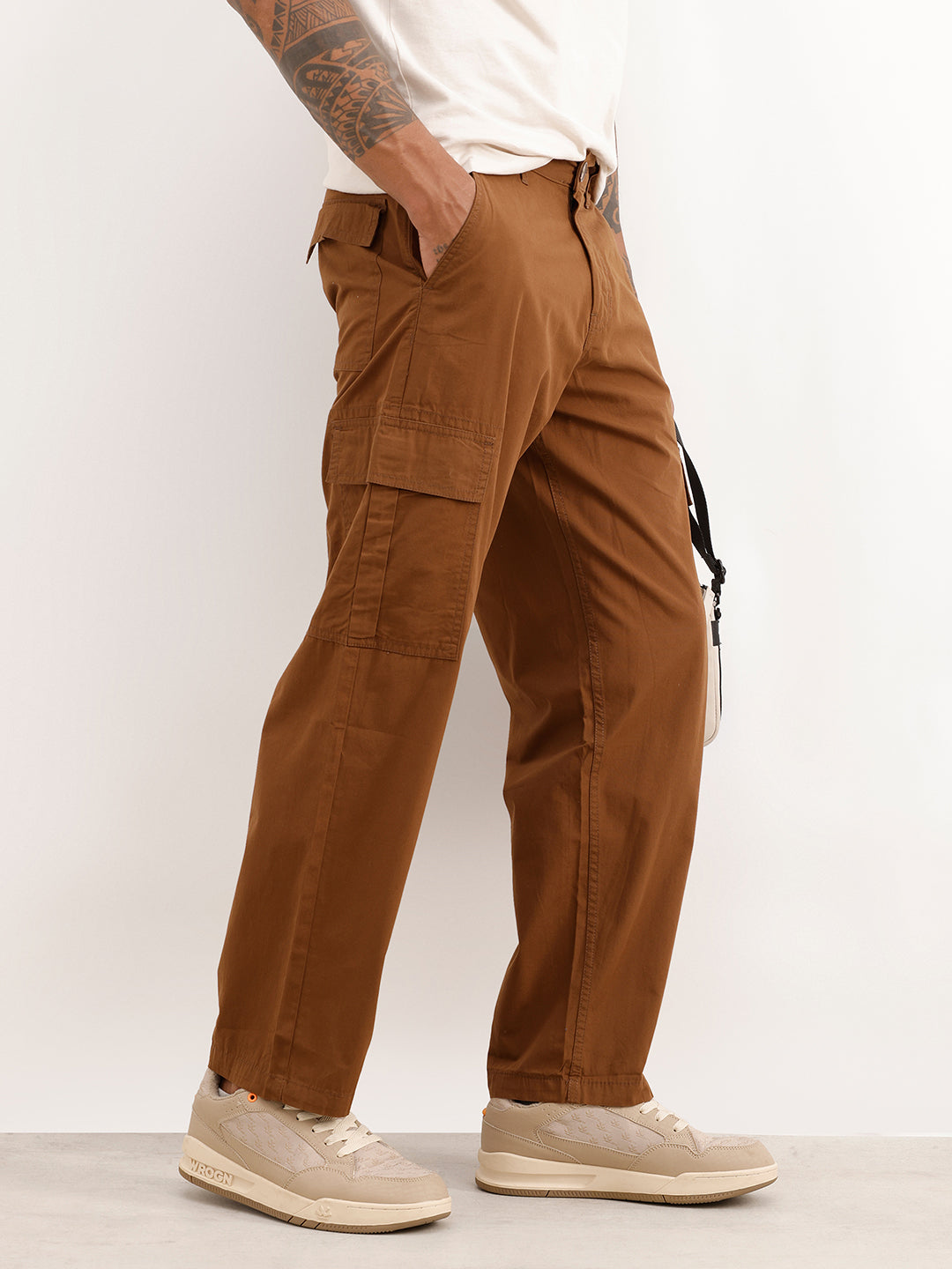 Solid Loose Fit Cargo Trouser | Brown