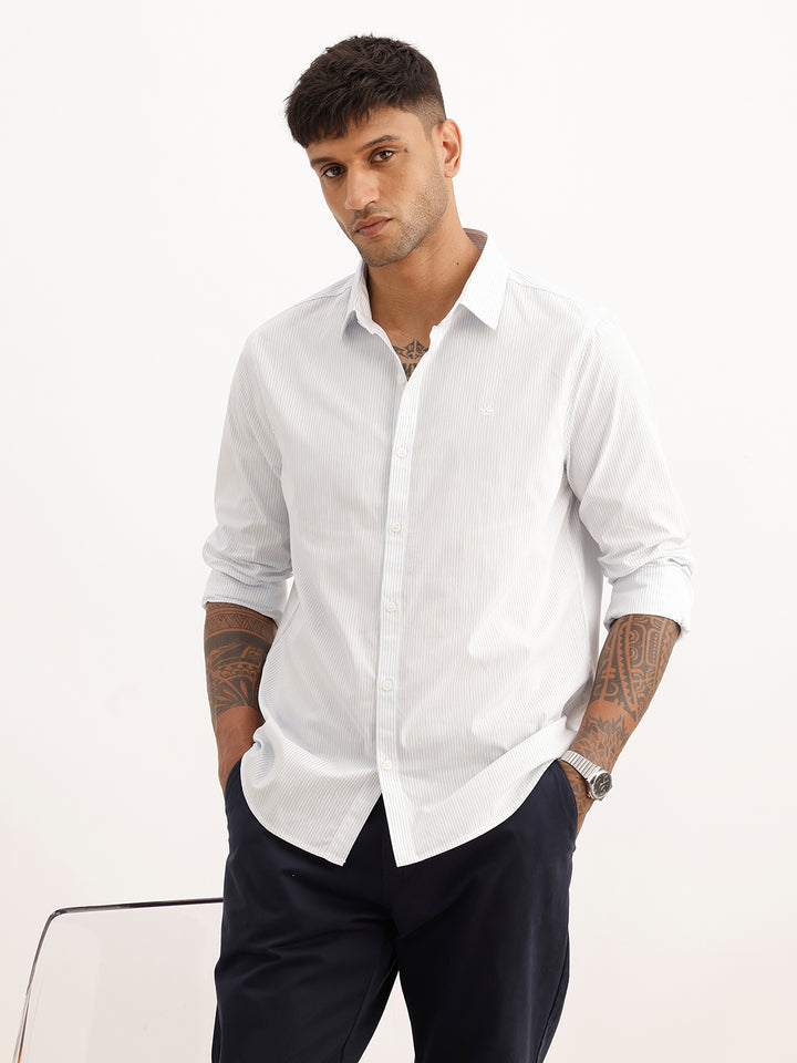 Classic Slim Fit Striped Full Sleeve Shirt | Off-White