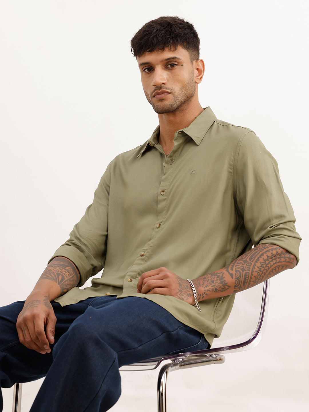 Solid Slim Fit Full Sleeve Shirt | Olive