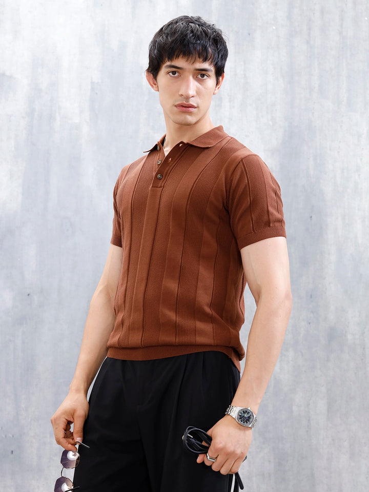 Classic Flat Knit Textured Polo T-Shirt For Men | Brown
