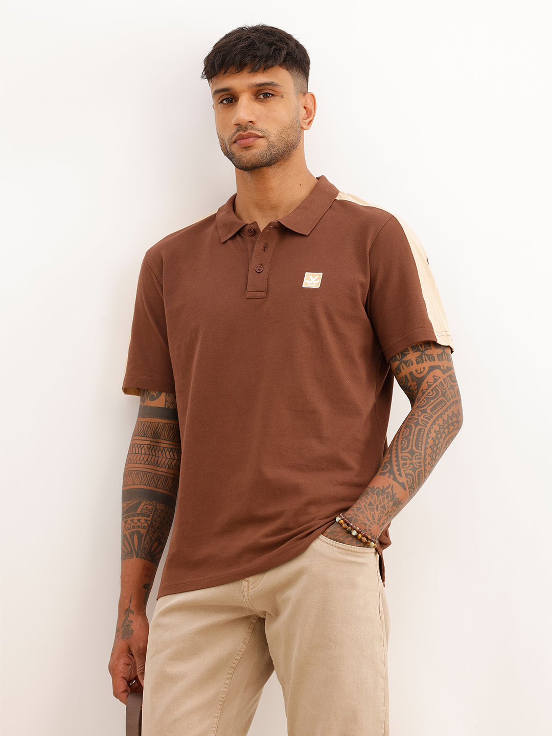 Regular Fit Contrast Sleeve Polo T-Shirt | Brown