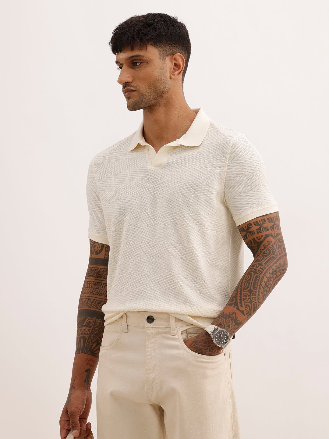 Solid Slim Fit Textured Polo T-Shirt | Off White | WPT02HSSL1245S