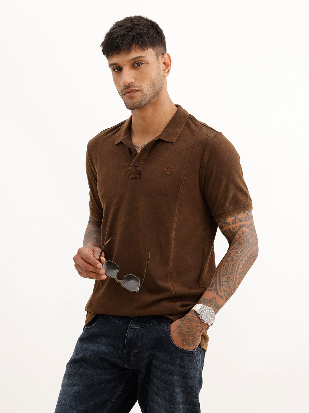Washed Slim Fit Cut & Sew Polo T-Shirt | Brown
