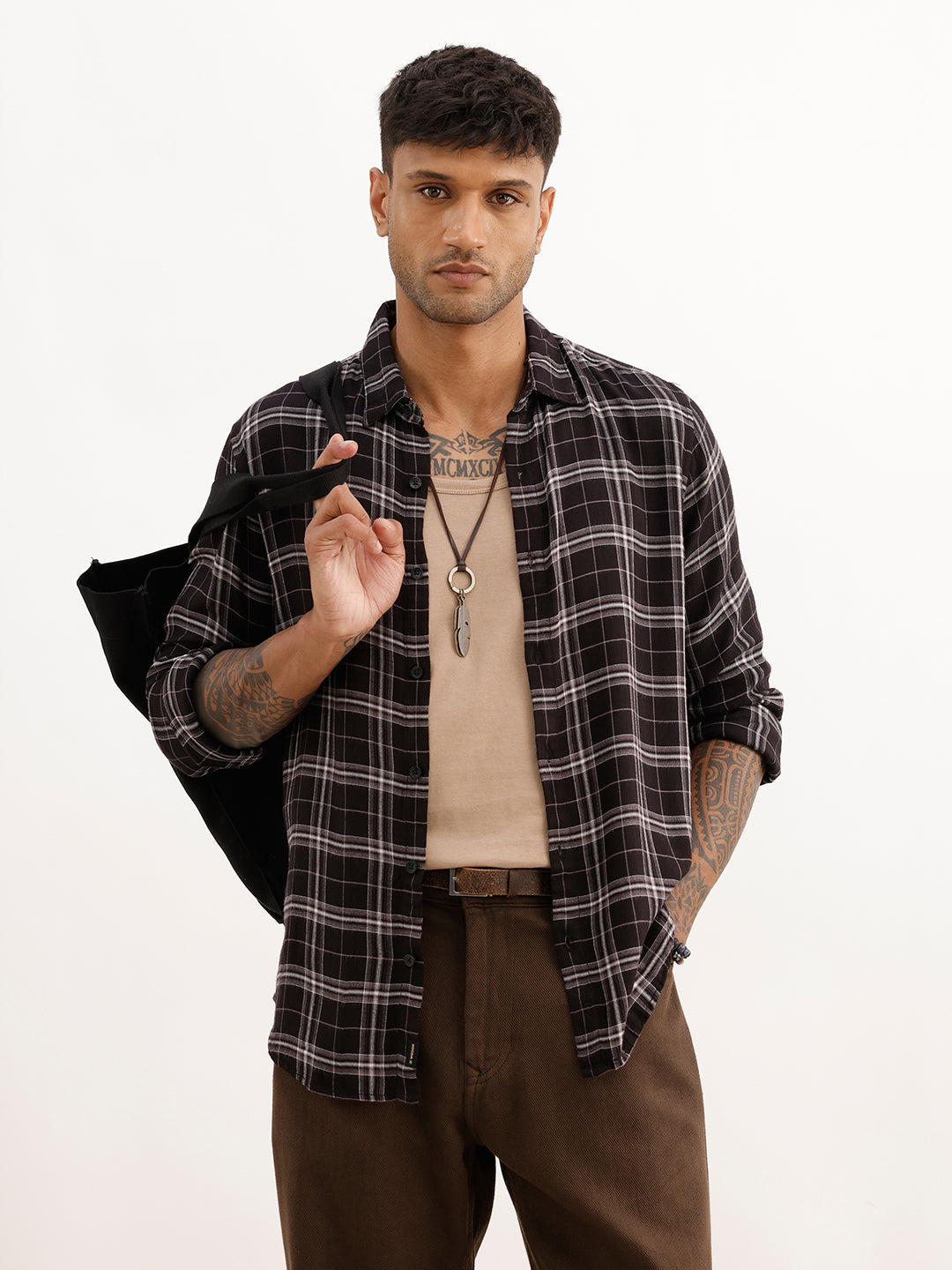 Slim Fit Checkered Full Sleeve Shirt | Black