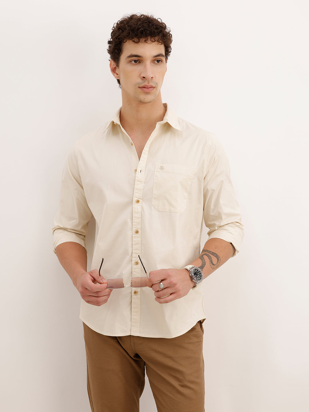 Solid Regular Fit Full Sleeve Shirt | Beige