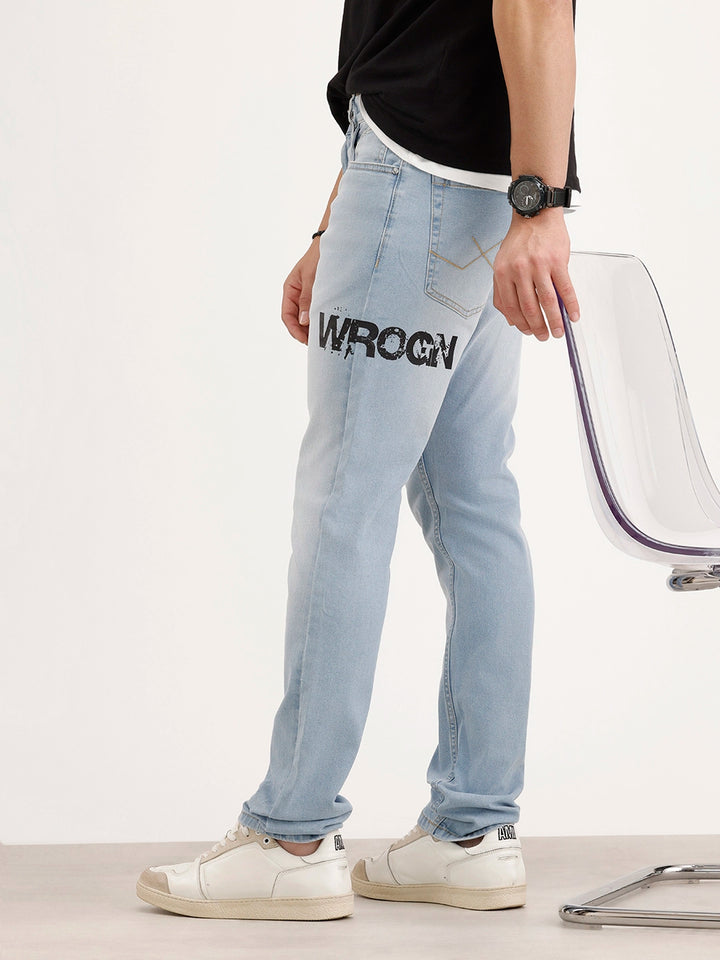 Slim Fit Placement Printed Denim Jeans | Light Blue