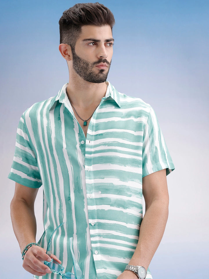 Slim Fit Striped Half Sleeve Shirt | Green