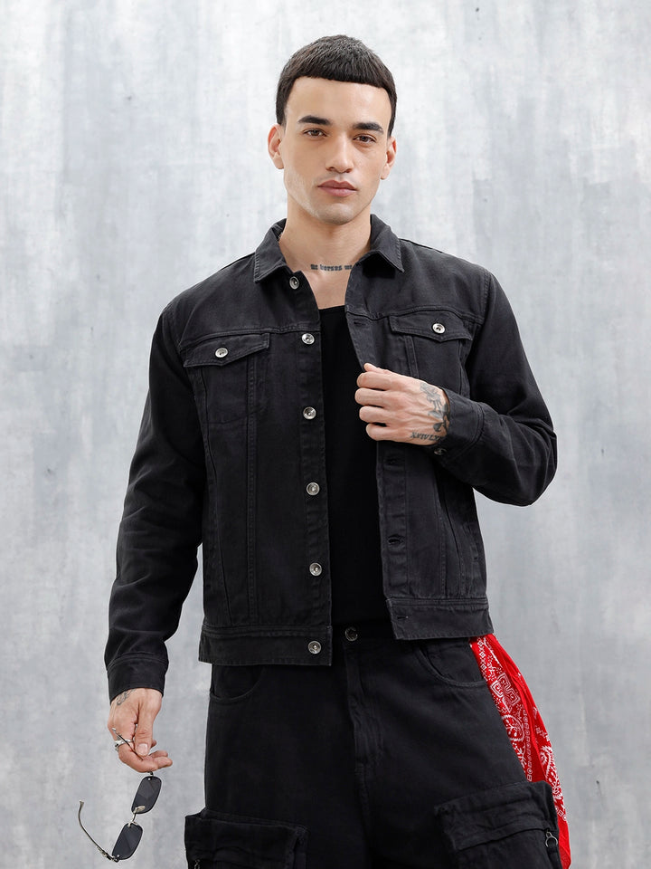 Wrogn Men's Solid Casual Denim Jacket | Black