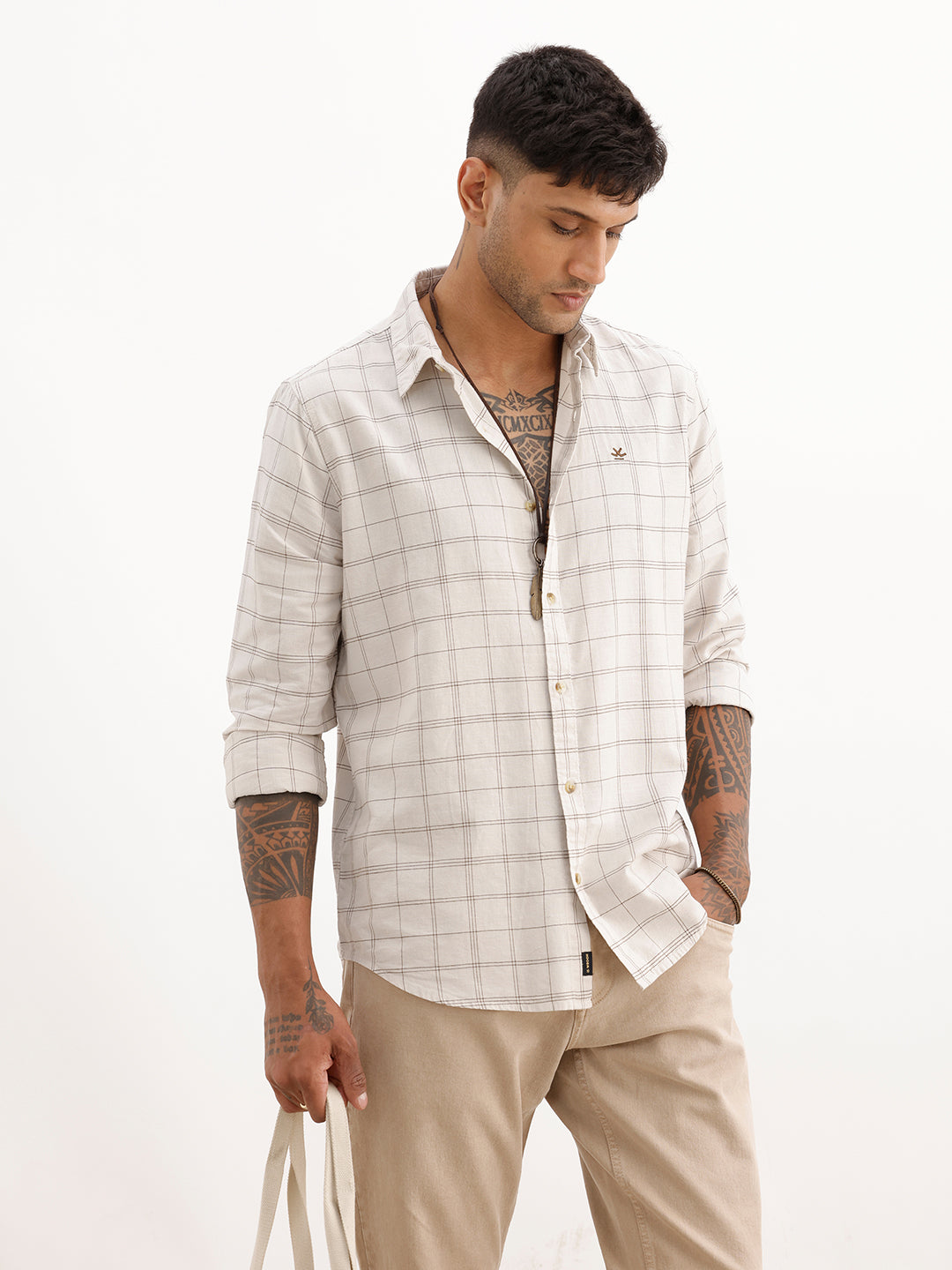 Slim Fit Checkered Full Sleeve Shirt | Beige