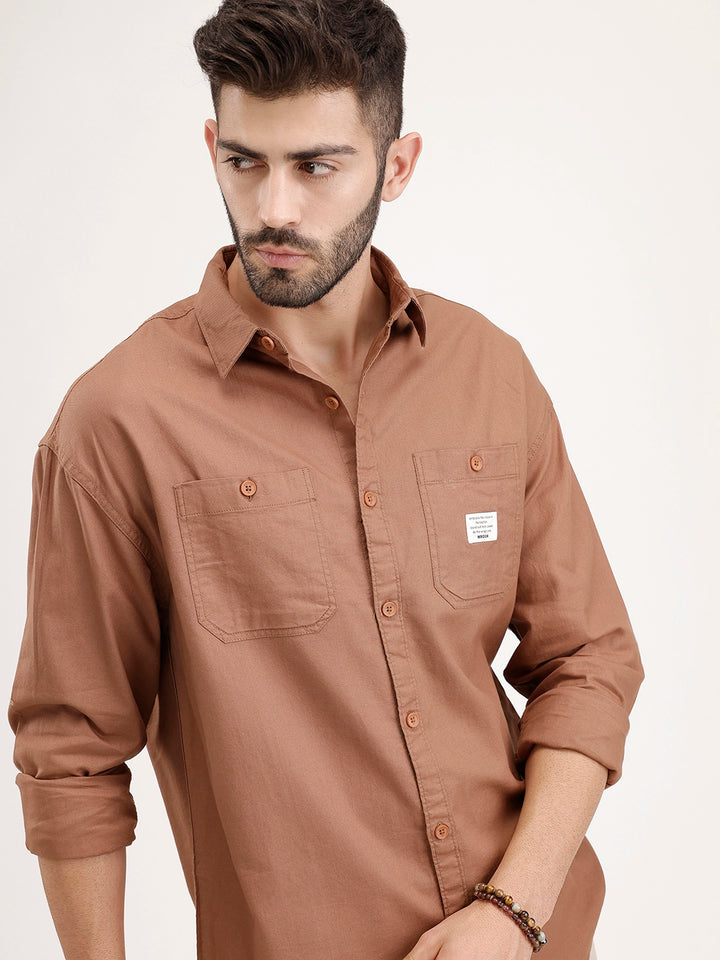 Oversized Solid Double Pocket Shirt | Khaki