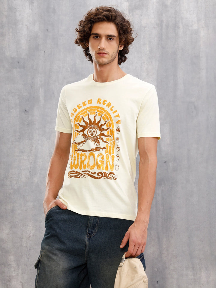 Zen Inspired Chest Print Graphic Crew Neck T-Shirt  |  Yellow