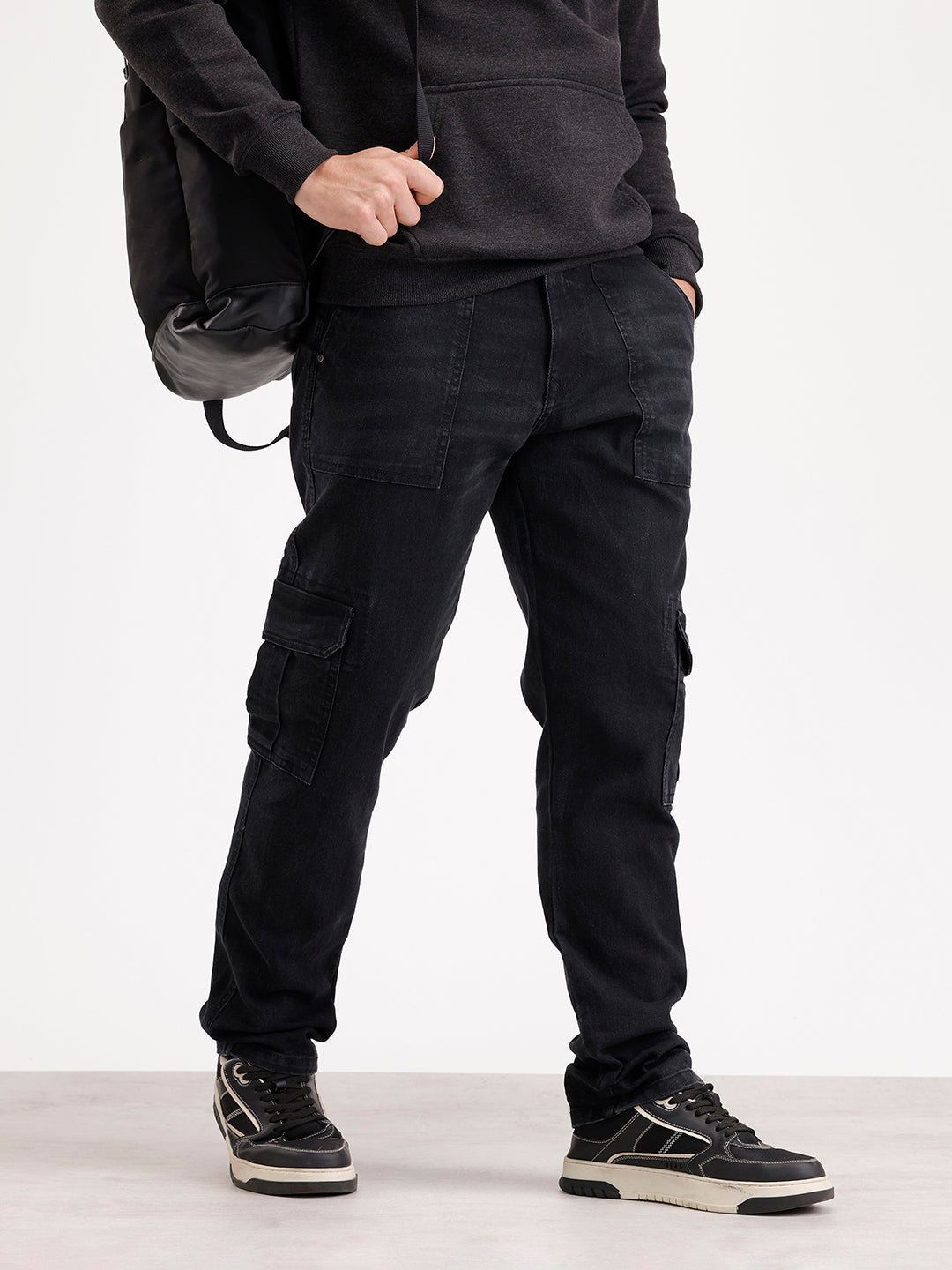 Solid Relaxed Fit Denim Cargo  | Black